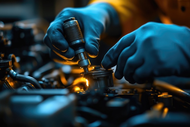 Automotive mechanic servicing a performance vehicle in the shop
